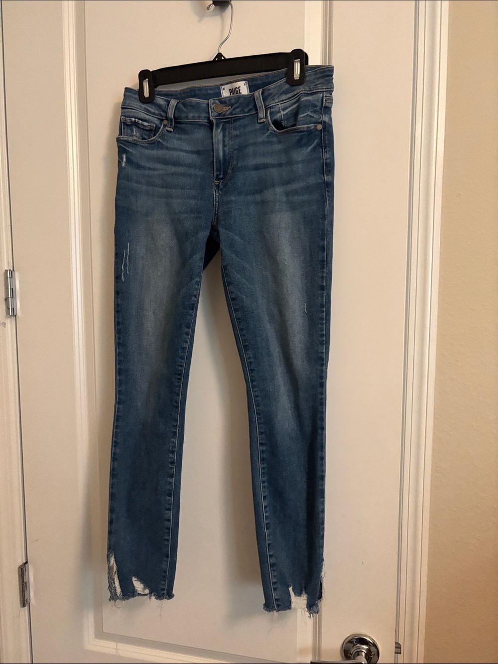 PAIGE Medium Blue Skinny Jeans with Frayed Hems